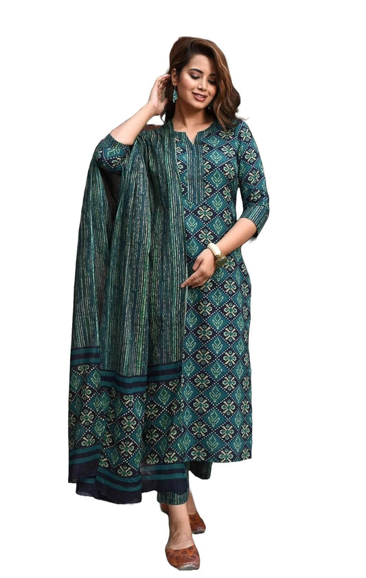 LookMark Printed Cotton Blend Straight Kurta Pant Dupatta Set-Stylish Ethnic Wear for Women