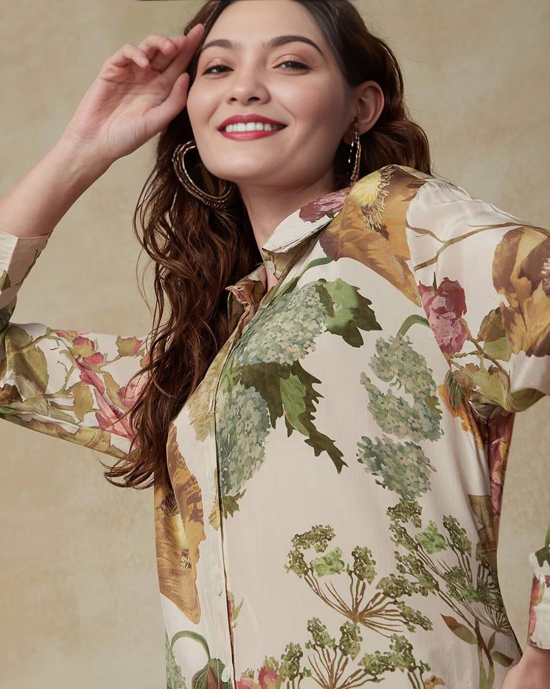 LookMark Women's Cotton Blend Floral Printed Full Sleeves Hip Length Button Down Collared Kurti Set | Kurta Set for Women