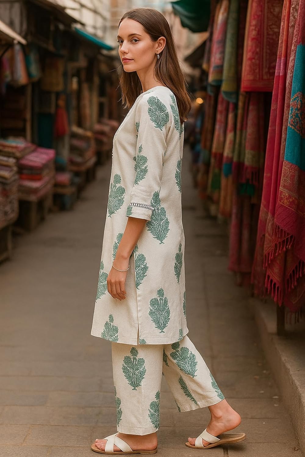 LookMark Women's Cotton Blend Trendy Regular Fit Solid Printed Kurti with Stright Bottom |Kurti Set for Women