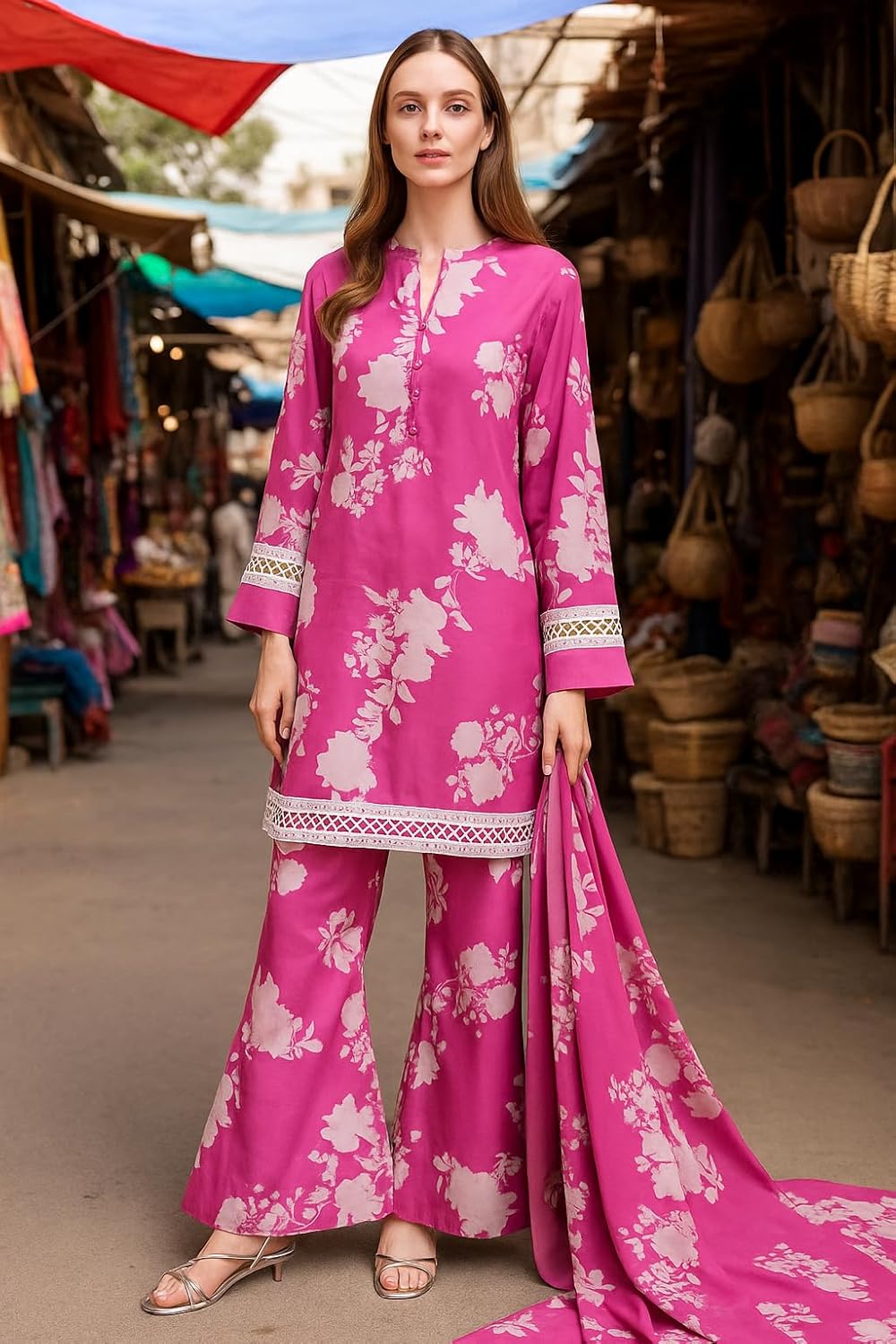 LookMark Women's Cotton Blend Printed Kurta with Pant & Dupatta| Kurta with Pants and Dupatta Set