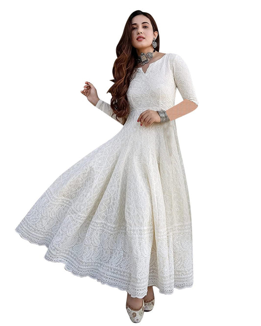 LookMark Women's Cotton Straight Fit Straight Chikankari Long Kurti Gown