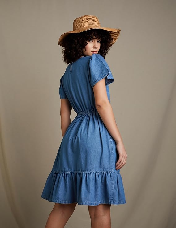 Women's Denim A-Line One Piece Knee-Length Tiered Dress