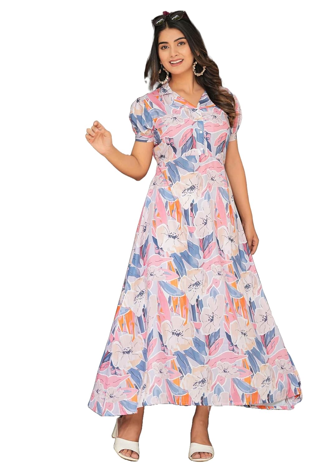 Women's Rayon Fit and Flare Printed Cap Sleeve V-Neck Casual Maxi Dress WesternStitch