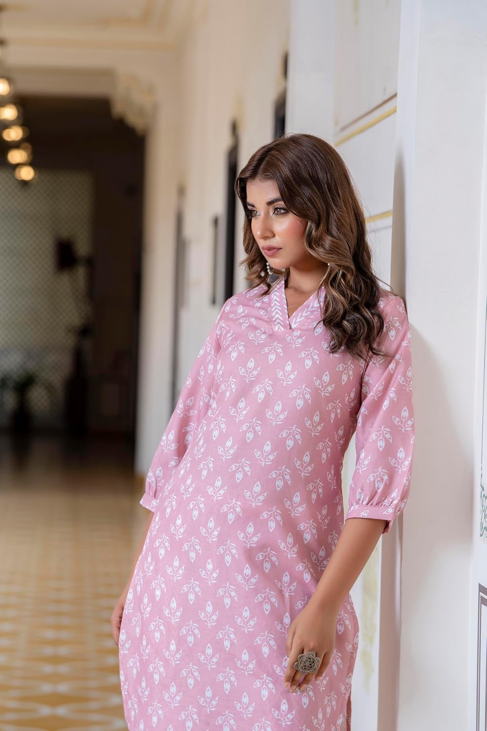 LookMark Women's Latest Printed Cotton Blend Straight Kurta and Afghani Pant Set Perfect for Casual and Office Wear (AZ-LM-P6-KS2070 Peach-S)