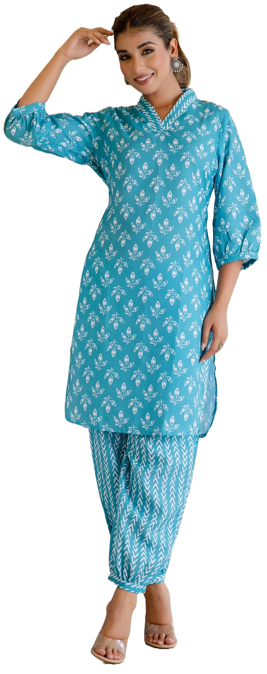 LookMark Women's Trendy Printed Cotton Blend Straight White Color Kurta and Afghani Pant Set