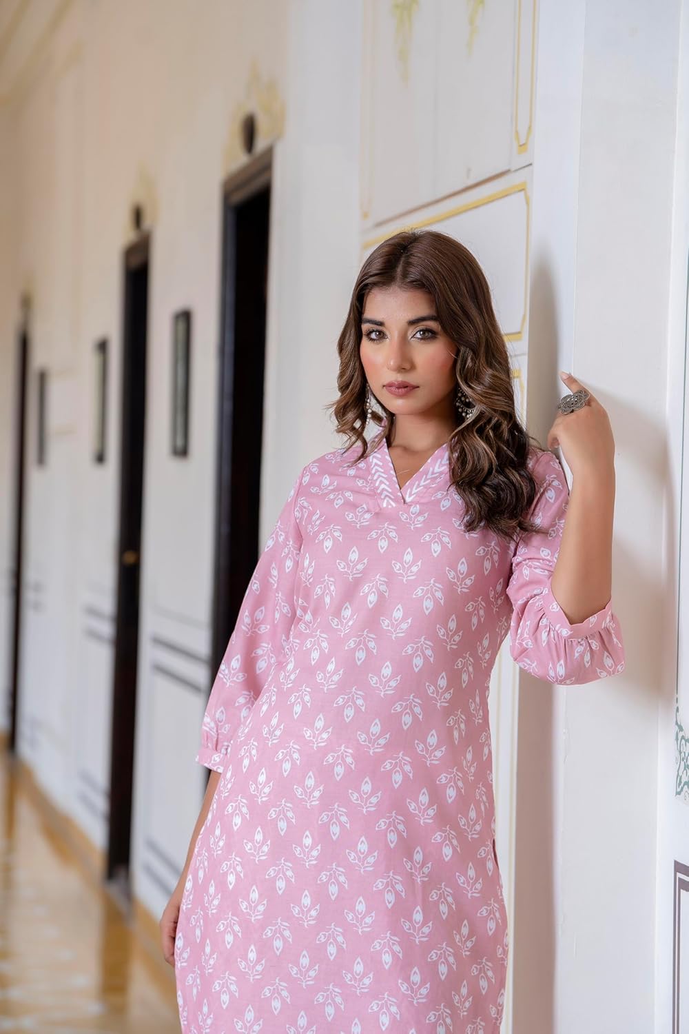 LookMark Women's Latest Printed Cotton Blend Straight Kurta and Afghani Pant Set Perfect for Casual and Office Wear (AZ-LM-P6-KS2070 Peach-S)