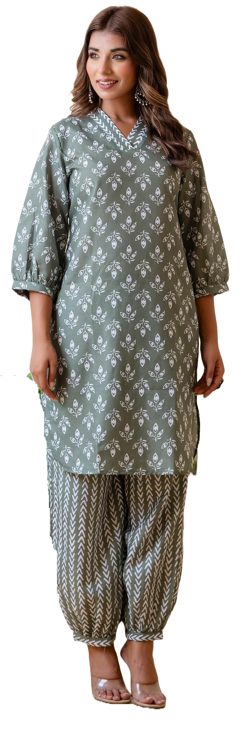 LookMark Women's Trendy Printed Cotton Blend Straight White Color Kurta and Afghani Pant Set