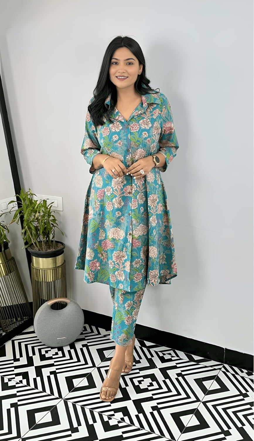 LookMark Women's Cotton Blend Trendy Regular Fit Solid Printed Kurti with Stright Bottom |Kurti Set for Women