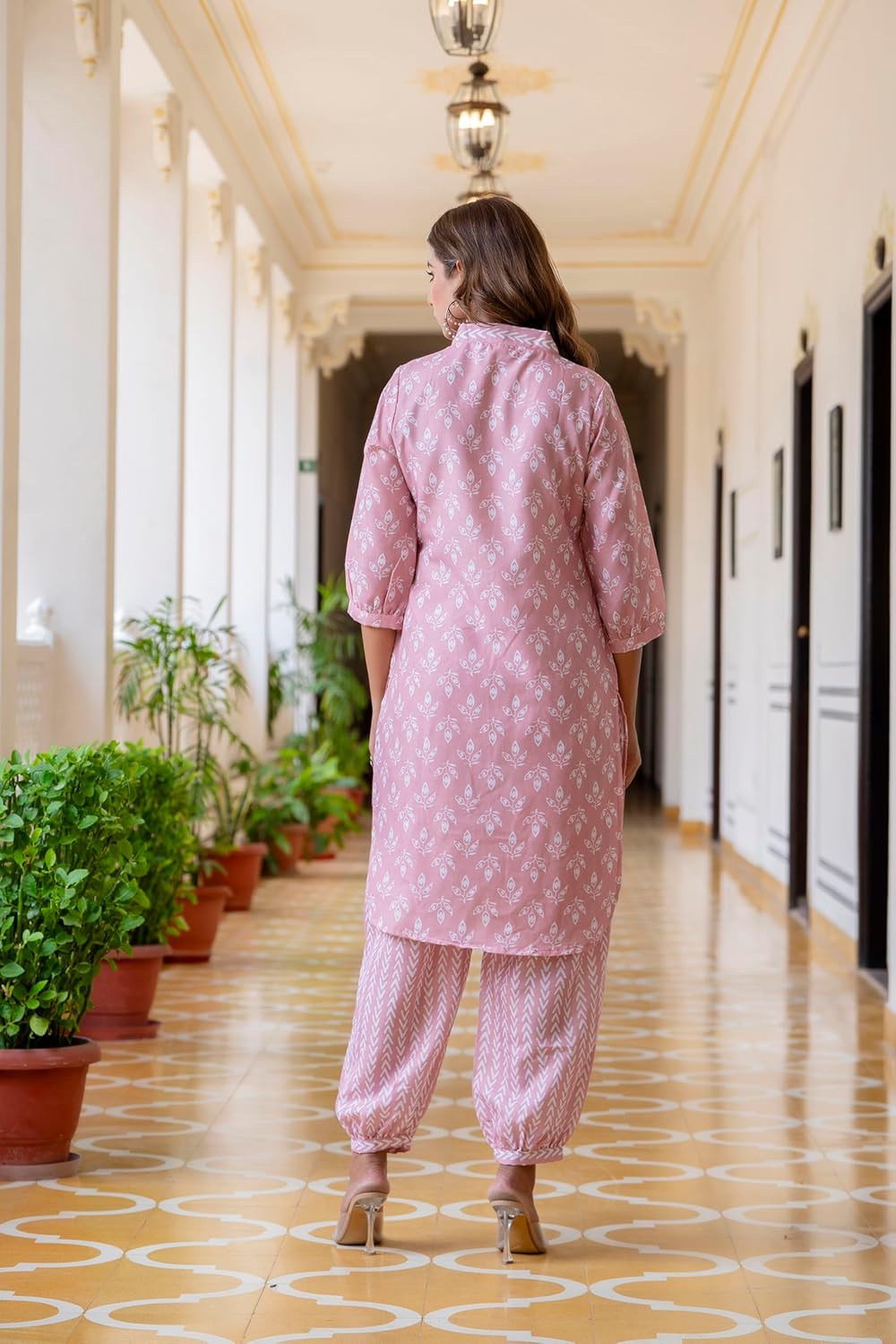 LookMark Women's Latest Printed Cotton Blend Straight Kurta and Afghani Pant Set Perfect for Casual and Office Wear (AZ-LM-P6-KS2070 Peach-S)
