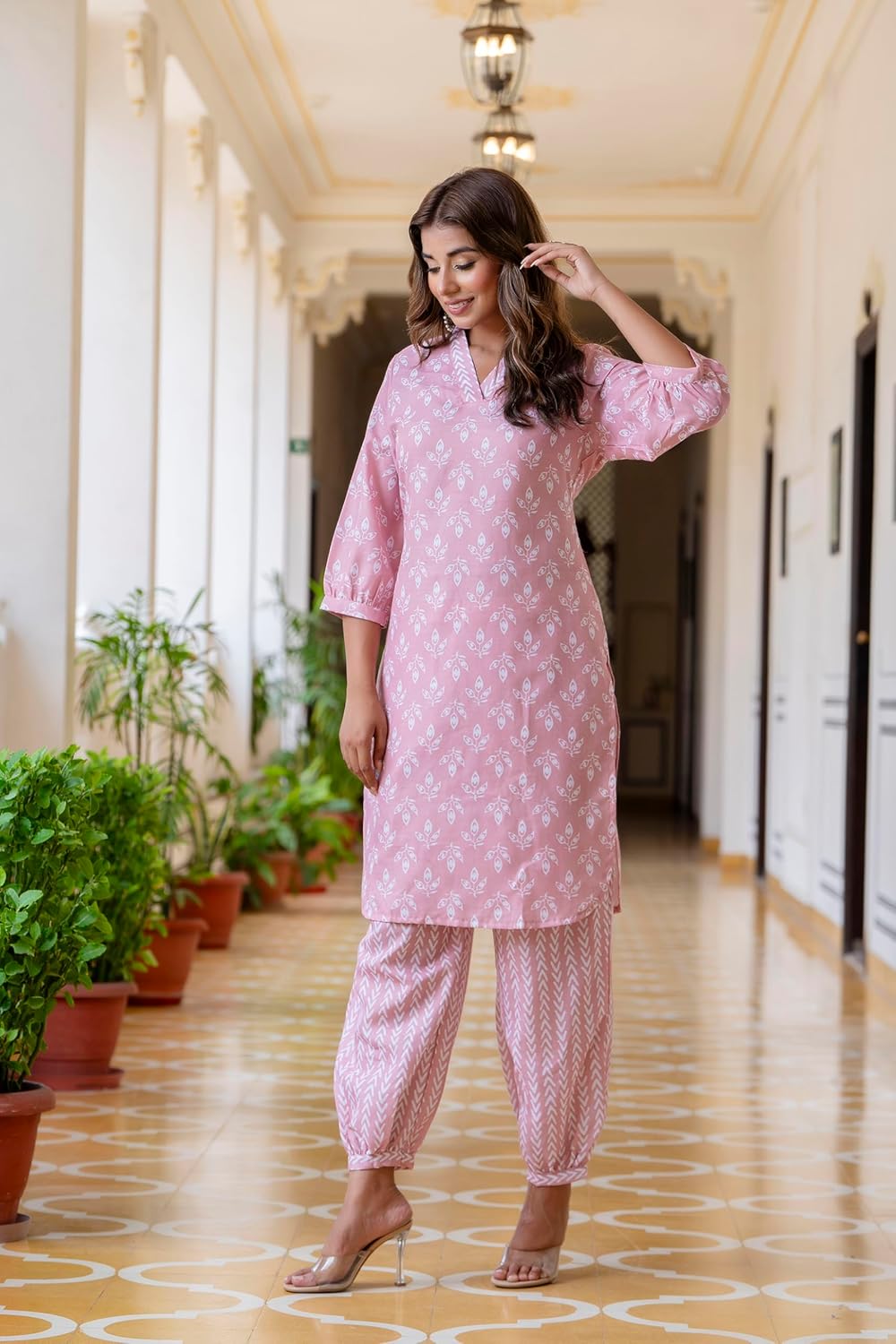 LookMark Women's Latest Printed Cotton Blend Straight Kurta and Afghani Pant Set Perfect for Casual and Office Wear (AZ-LM-P6-KS2070 Peach-S)