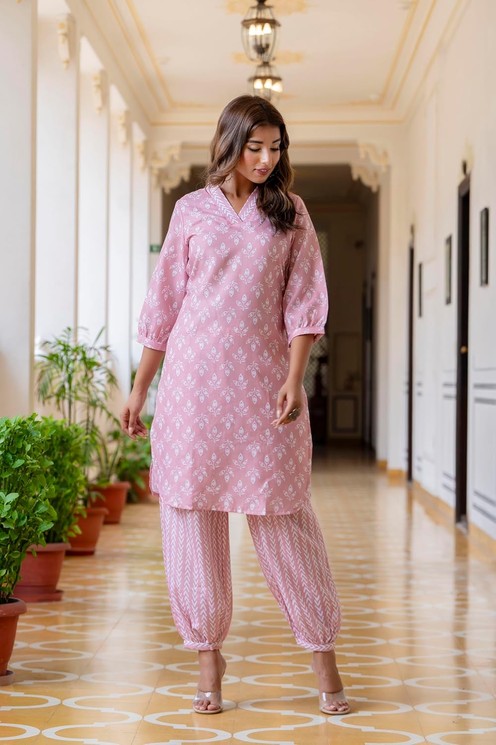 LookMark Women's Latest Printed Cotton Blend Straight Kurta and Afghani Pant Set Perfect for Casual and Office Wear (AZ-LM-P6-KS2070 Peach-S)