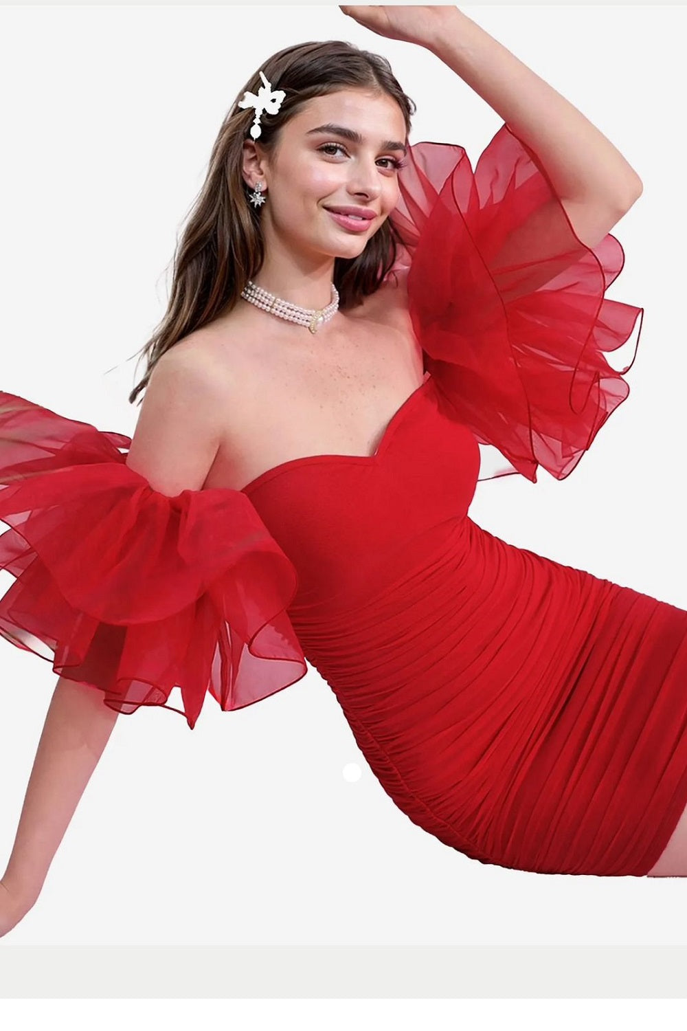 Women's Off Shoulder Prom Dress Puff Sleeve Ruched Mesh Cocktail Bodycon