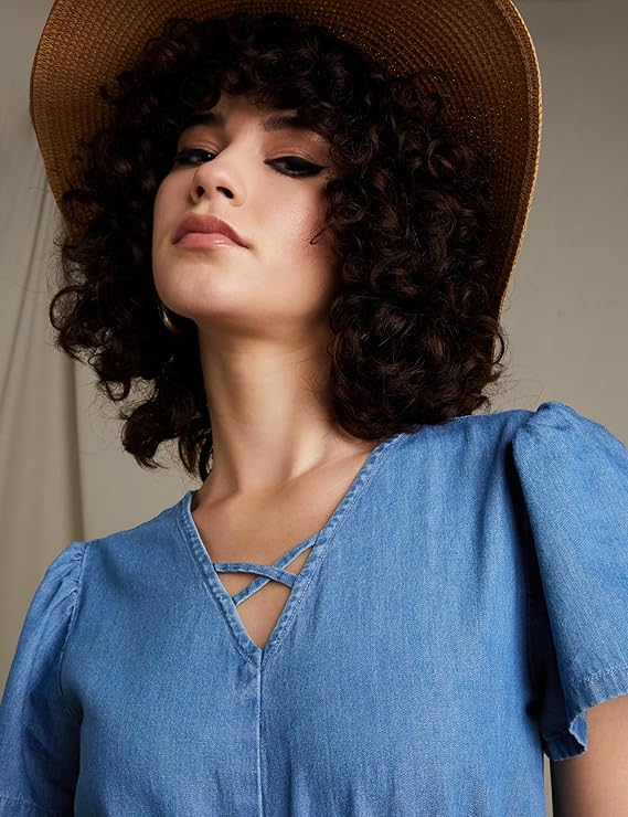 Women's Denim A-Line One Piece Knee-Length Tiered Dress
