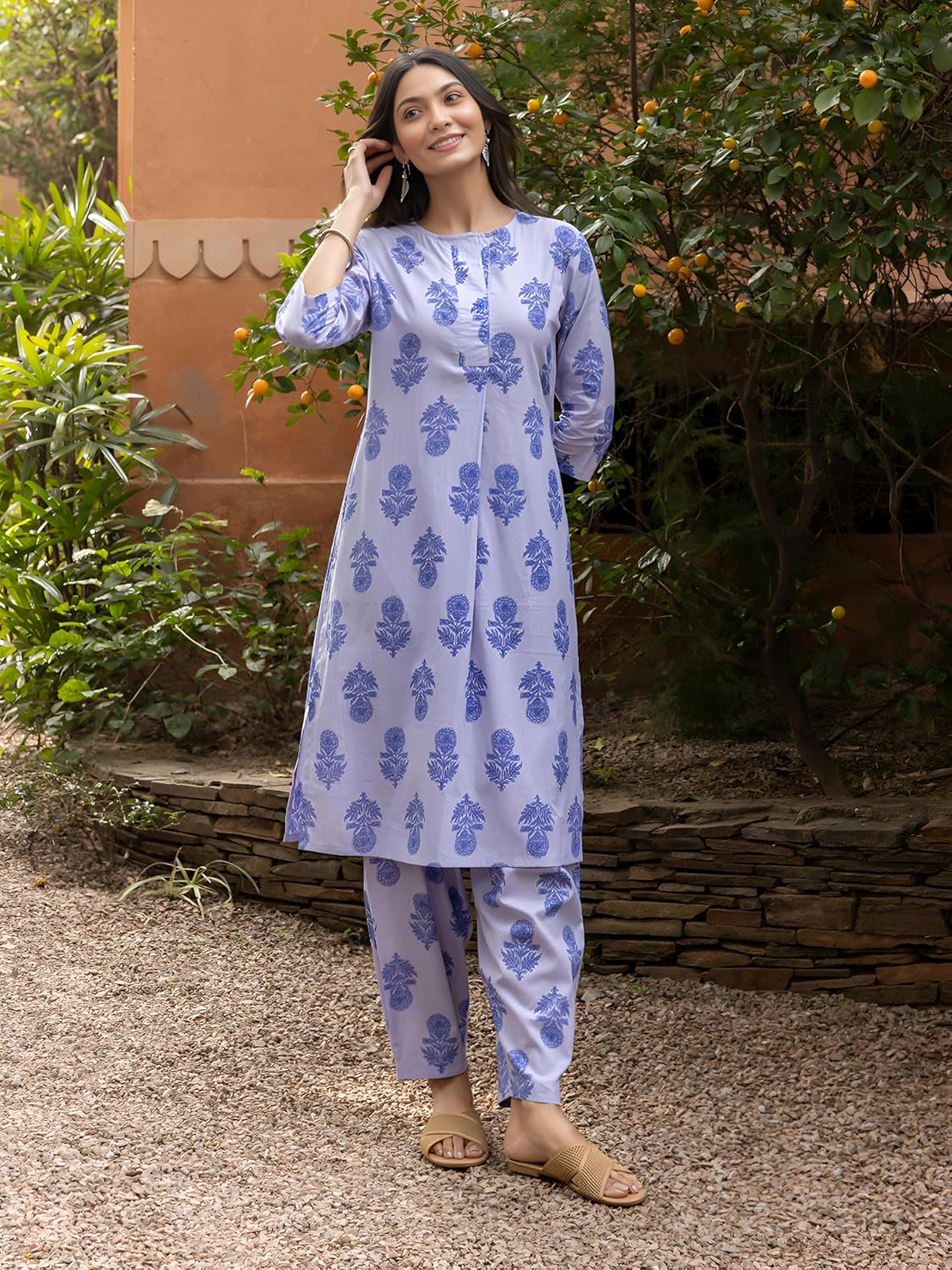 LookMark Women's Cotton Blend Trendy Regular Fit Solid Printed Kurti with Stright Bottom |Kurti Set for Women