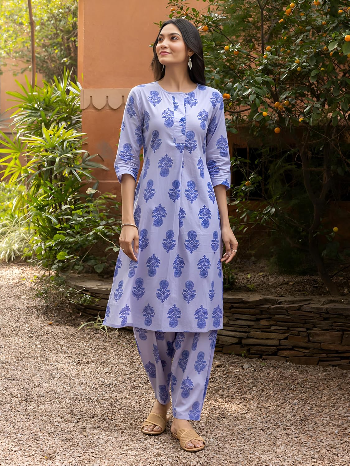 LookMark Women's Cotton Blend Trendy Regular Fit Solid Printed Kurti with Stright Bottom |Kurti Set for Women