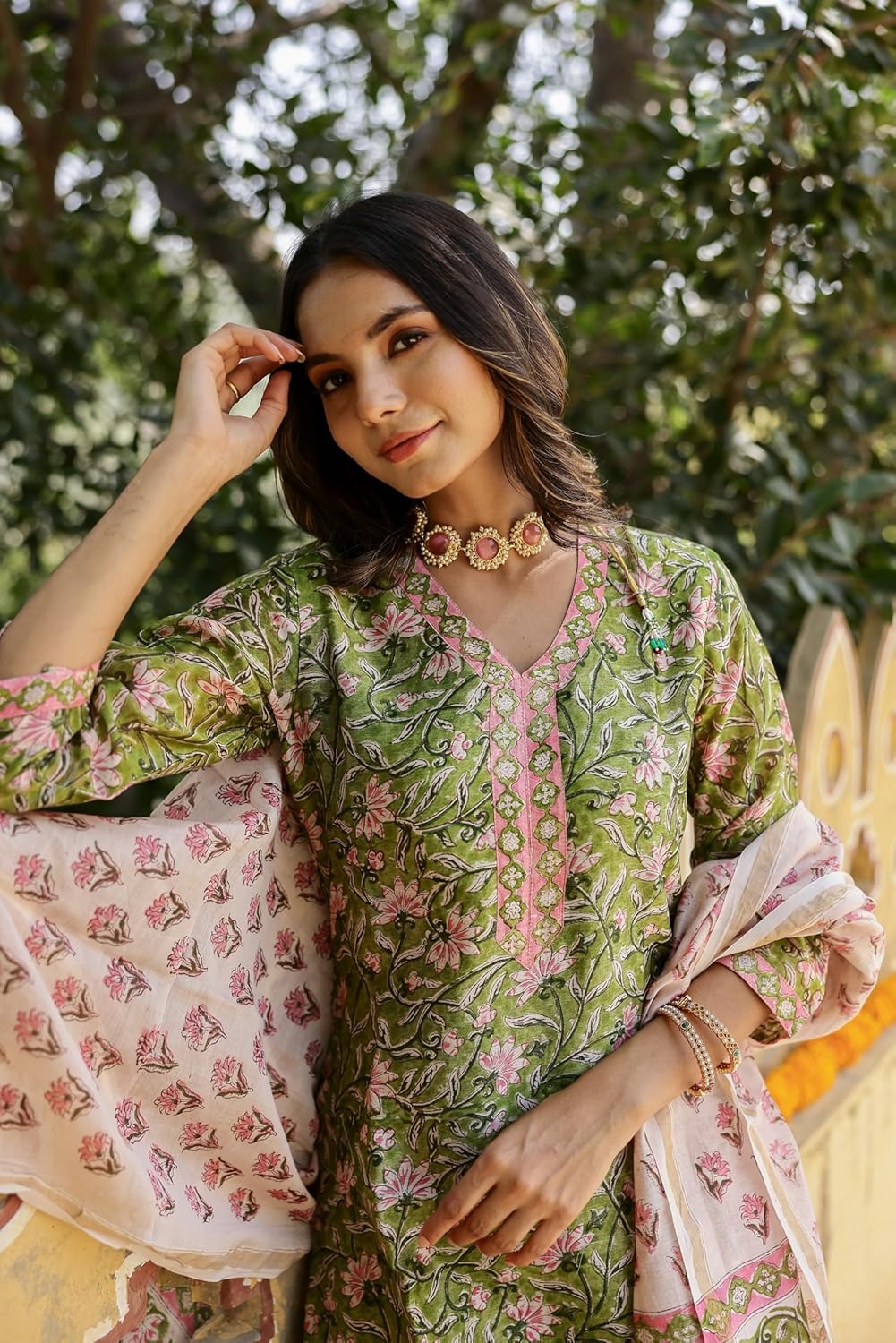 LookMark Women's Cotton Blend Printed Kurta with Pant & Dupatta| Kurta with Pants and Dupatta Set