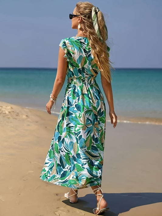 WesternStitch Tropical Leaf Print Beach Maxi Dress WesternStitch