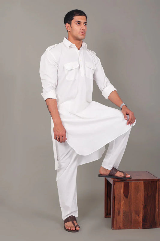 Pathani White Color Kurta With Trouser Pant
