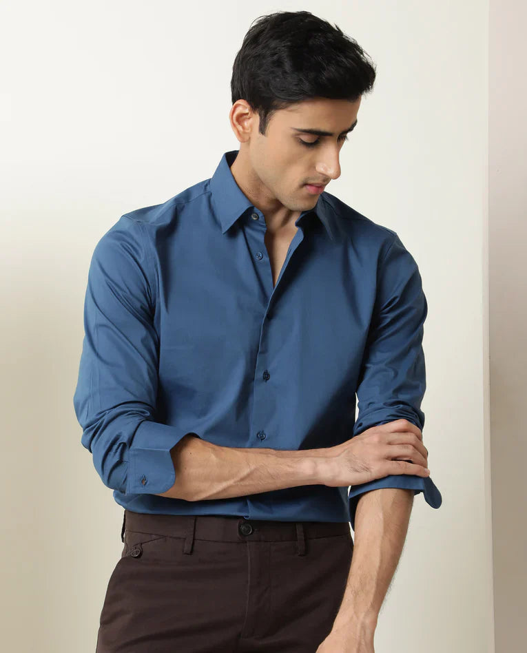 COTTON STRETCH PLAIN SHIRT BENEDICT - BLUE