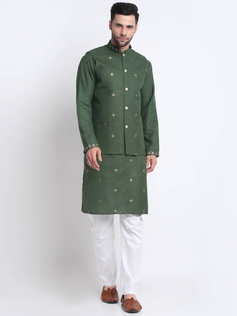 Men ruby cotton sequence embroided mehndi kurta trouser with mehndi nehru jacket set