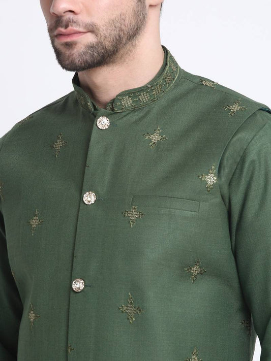 Men ruby cotton sequence embroided mehndi kurta trouser with mehndi nehru jacket set