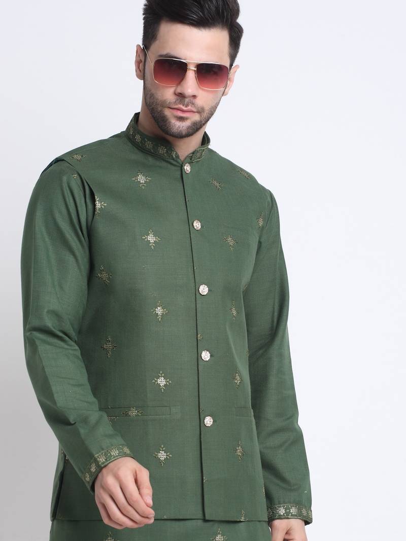 Men ruby cotton sequence embroided mehndi kurta trouser with mehndi nehru jacket set