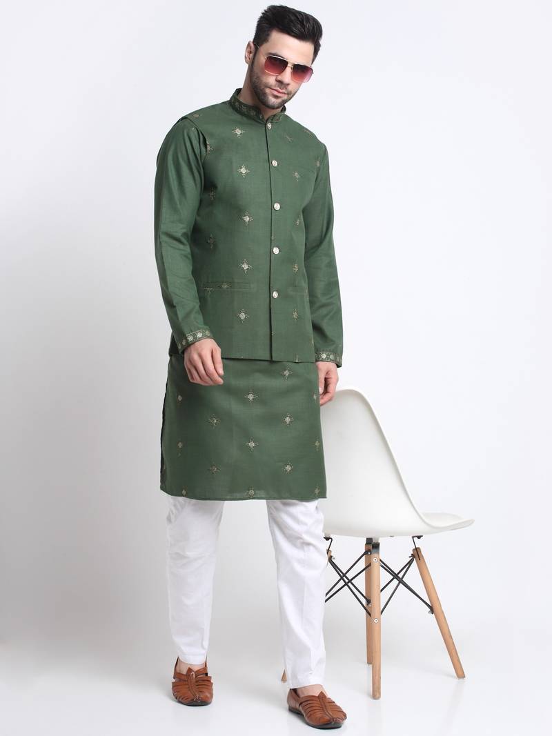 Men ruby cotton sequence embroided mehndi kurta trouser with mehndi nehru jacket set
