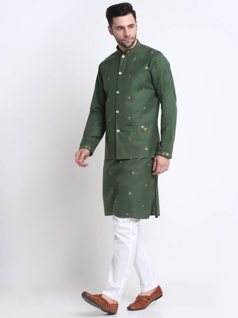 Men ruby cotton sequence embroided mehndi kurta trouser with mehndi nehru jacket set