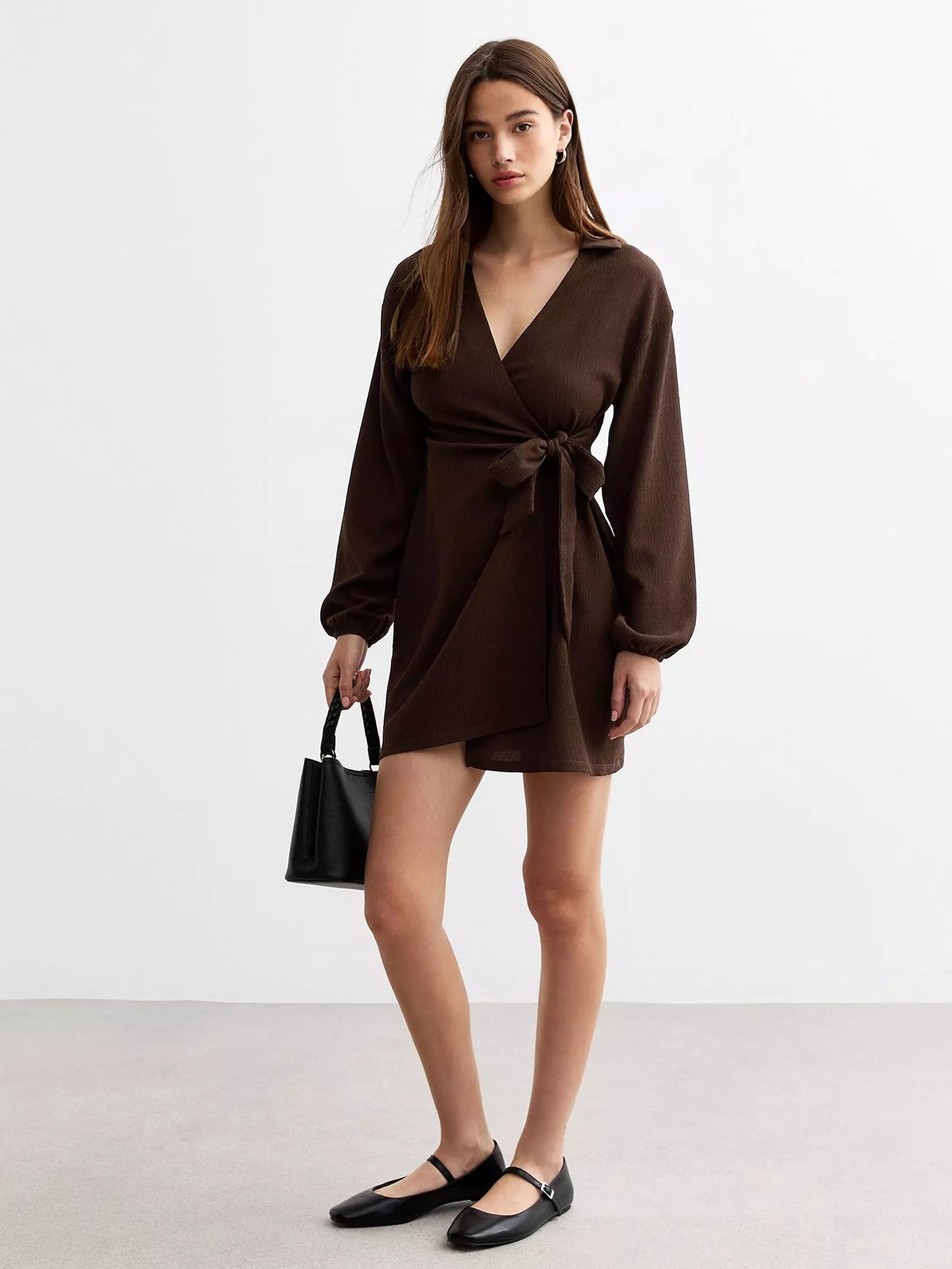 Collar Wrap Mini Dress - Brown