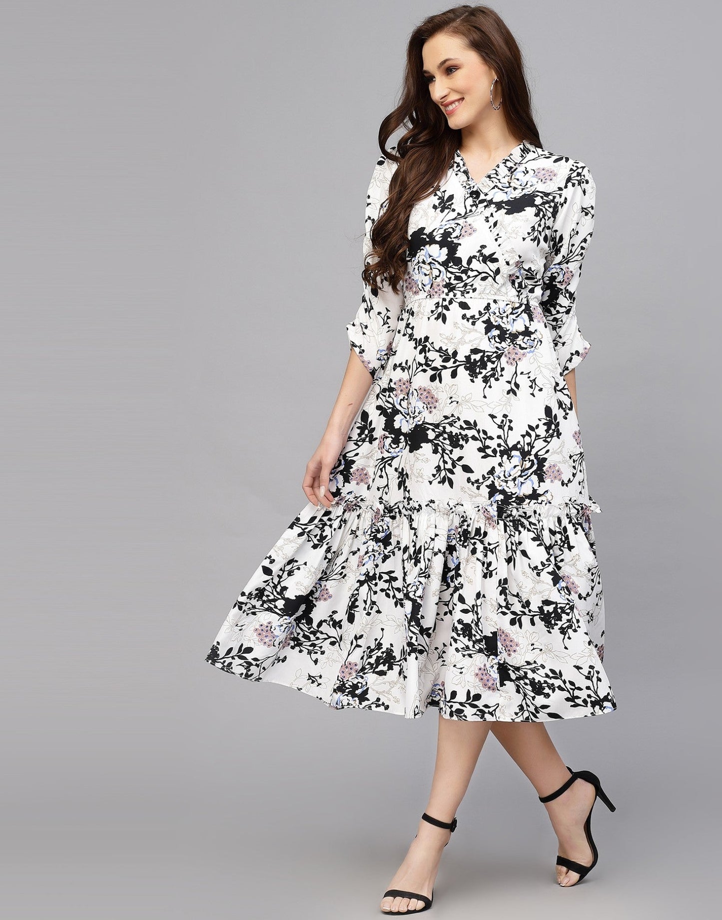WesternStitch Women's Crepe Floral Printed Ruffled Western Maxi Dress WesternStitch