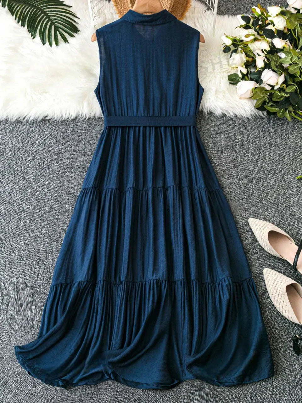 WesternStitch Plus Solid Tiered Hem Belted Maxi Dress WesternStitch