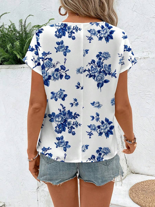 WesternStitchMulticolor Soft Fabric Floral Print Rolled-Up Short Sleeves Round Neckline Relaxed Fit Top For Women & Girls