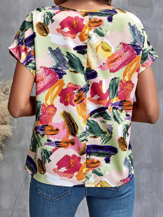 WesternStitchMulticolor Soft Fabric Floral Print Rolled-Up Short Sleeves Women Fit Top