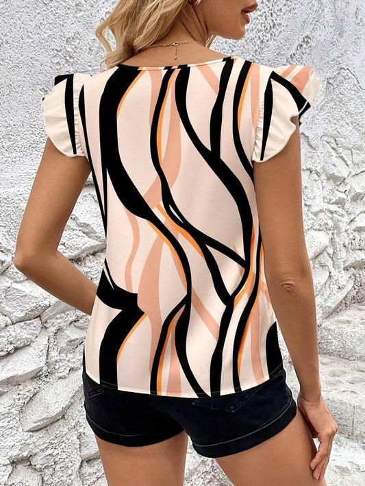 Multicolor Soft Fabric Abstract Stripe Print Rolled-Up Relaxed Fit Top For Women & Girls