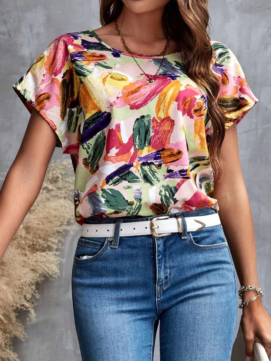 WesternStitchMulticolor Soft Fabric Floral Print Rolled-Up Short Sleeves Women Fit Top