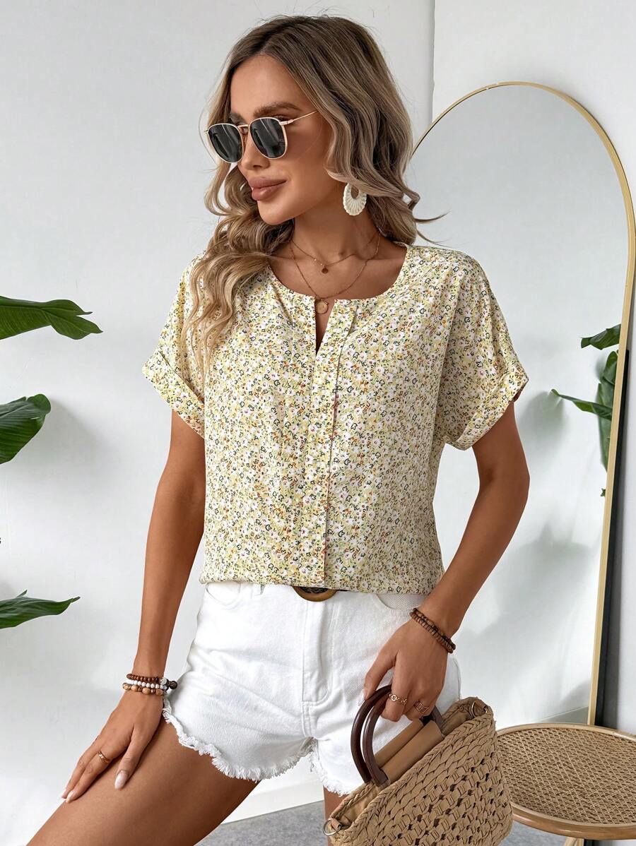 WesternStitchAbstract Stripe Print Rolled-Up Short Sleeves Round Neckline Relaxed Fit Top For Women & Girls