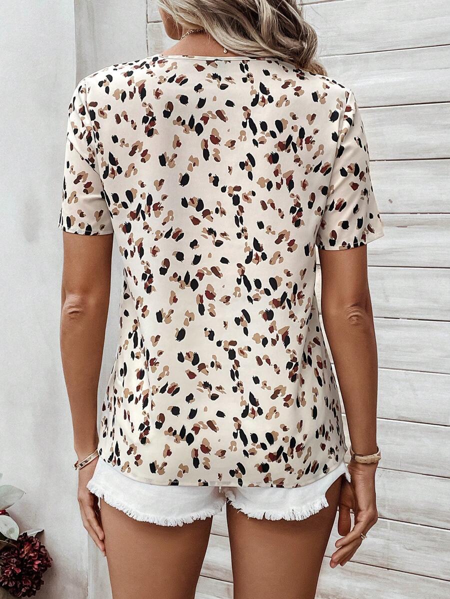 WesternStitchWhite Soft Fabric Abstract Stripe Print Rolled-Up Short Sleeves Round Neckline Relaxed Fit Top For Women & Girls