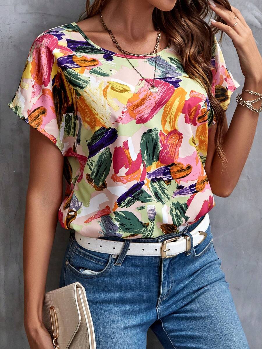 WesternStitchMulticolor Soft Fabric Floral Print Rolled-Up Short Sleeves Women Fit Top