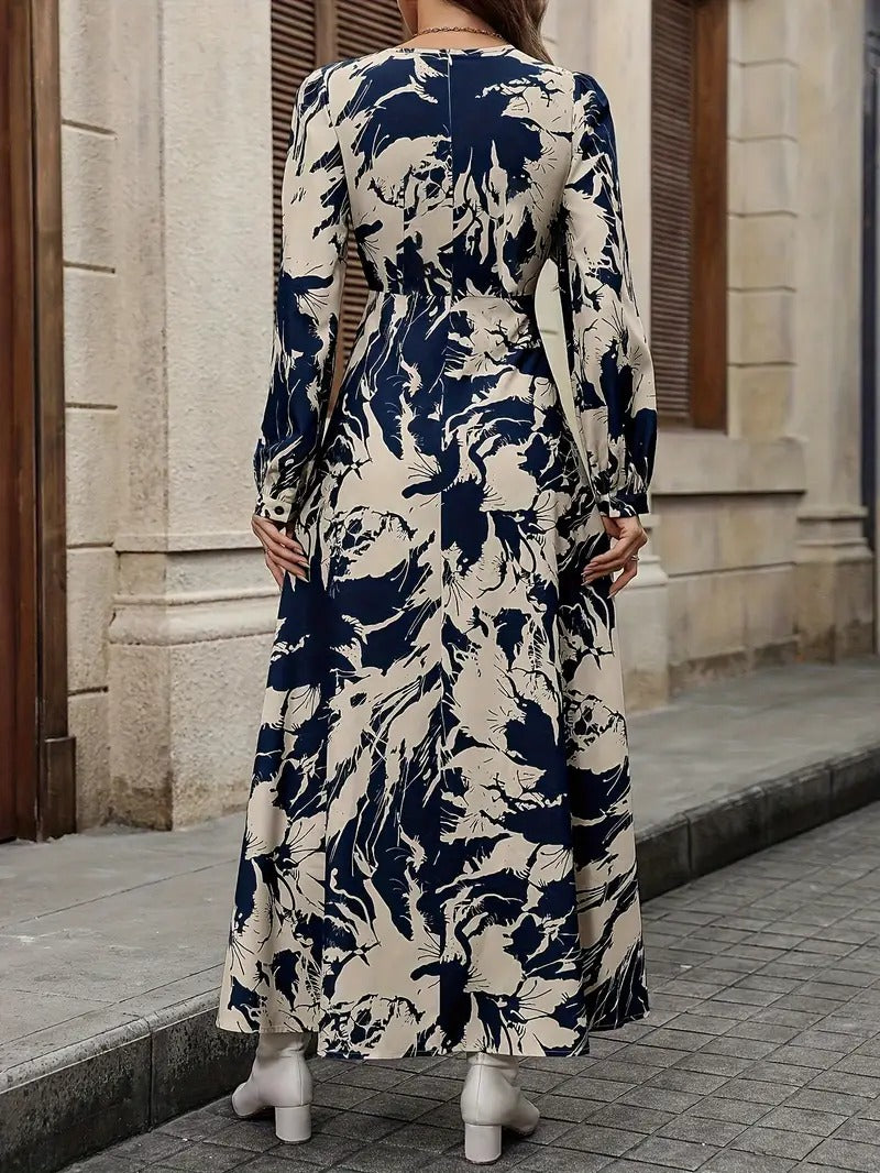 WesternStitch Allover Print Crew Neck Dress, Elegant Long Sleeve Ankle Length Dress WesternStitch