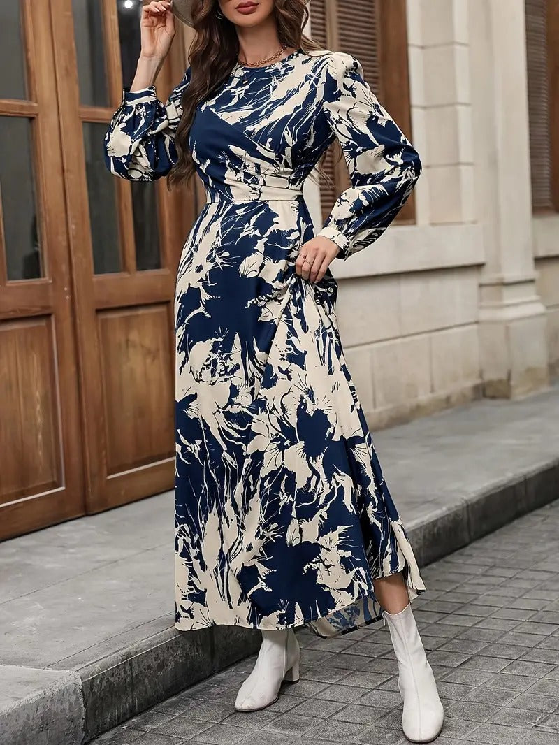 WesternStitch Allover Print Crew Neck Dress, Elegant Long Sleeve Ankle Length Dress WesternStitch