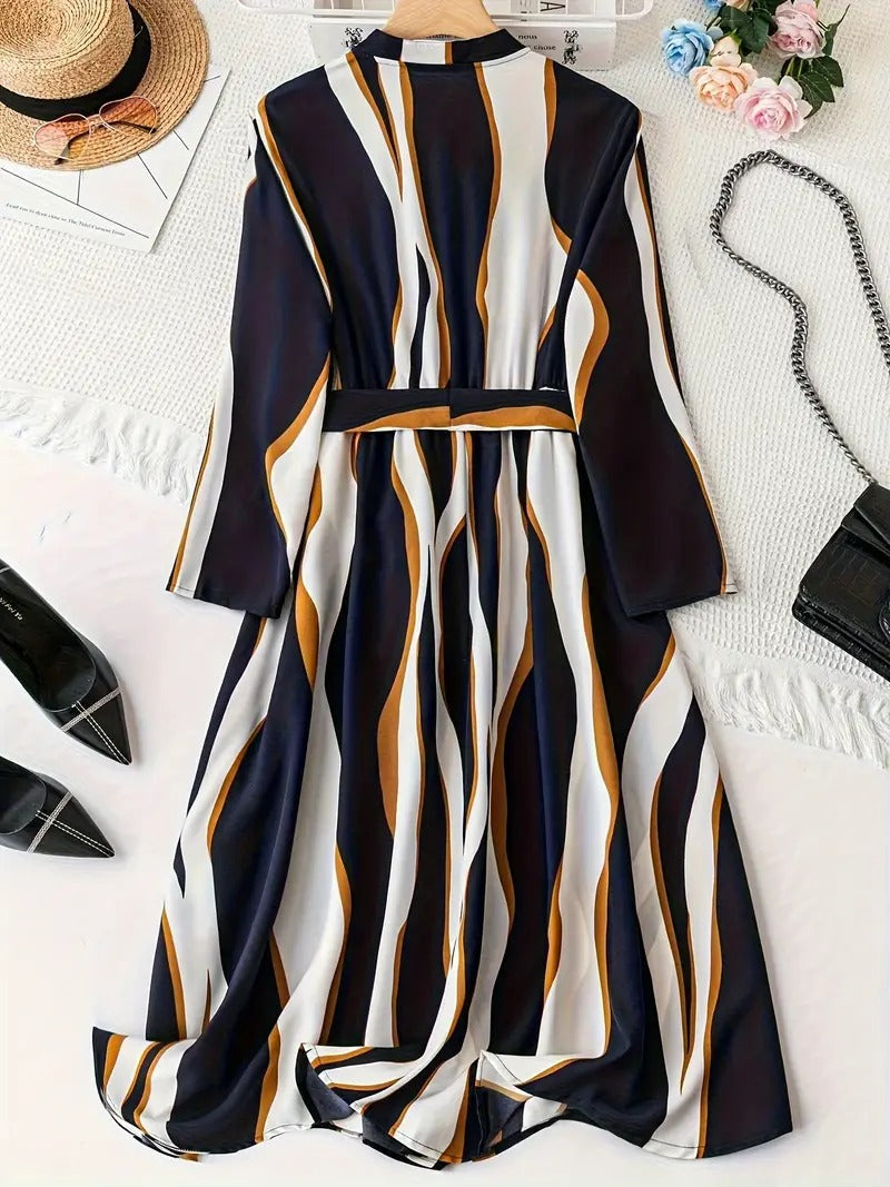 WesternStitch Abstract Print Surplice Neck Belted Dress, Casual Long Sleeve Dress WesternStitch