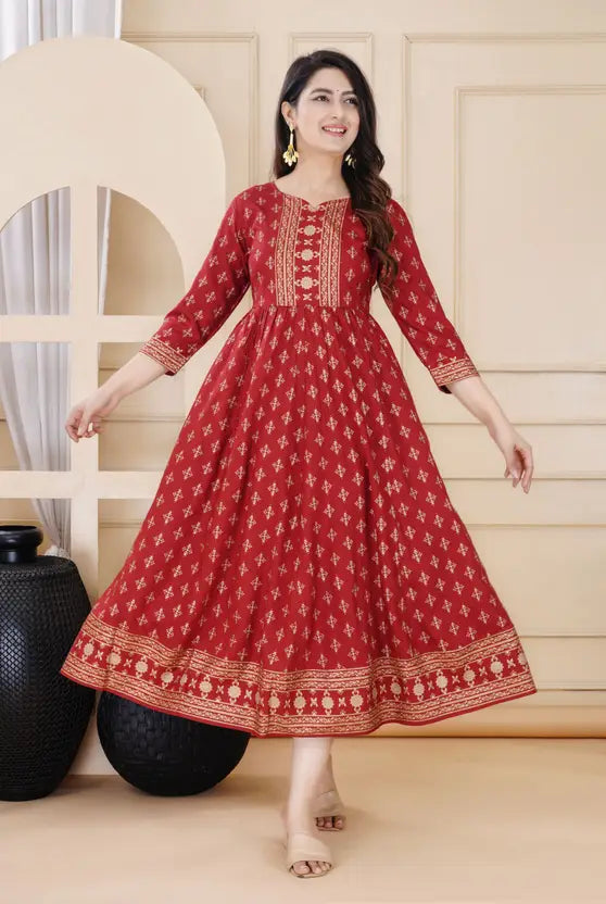 Women Printed Viscose Rayon Anarkali Kurta (Maroon)