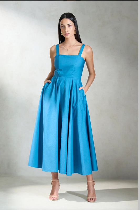 Women Cotton Square Neck Midi Length Solid Sleeveless Dress