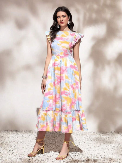 WesternStitch Round Neck Tie Ruffle Hem A Line Dress Short Sleeve Long Dress WesternStitch