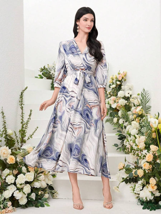 WesternStitch Marble Print Surplice Neck Belted Dress WesternStitch