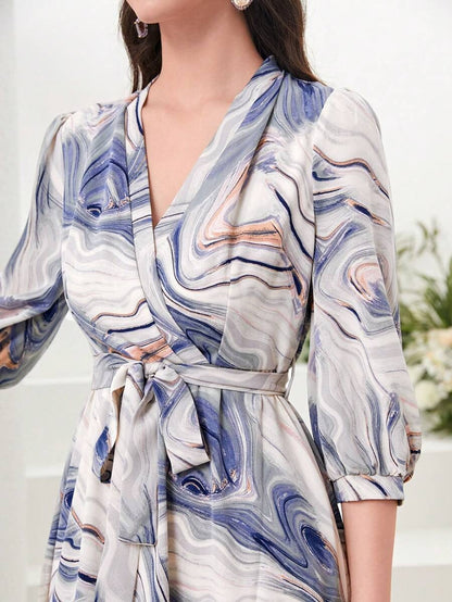 WesternStitch Marble Print Surplice Neck Belted Dress WesternStitch