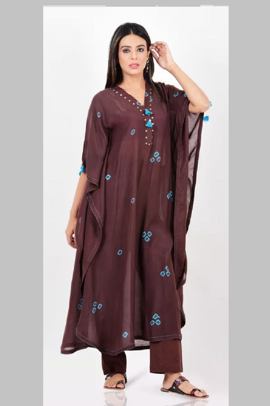 Brown And Turquoise Dual Bandhani Tie Dye Kaftan Kurta