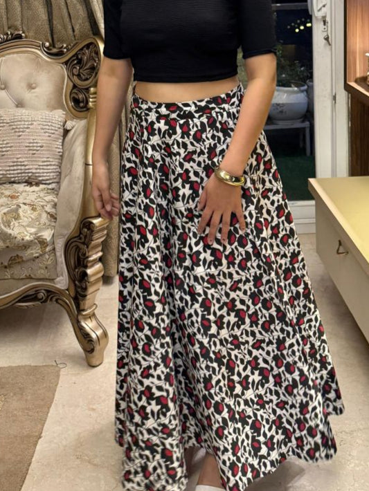 Women's Black Crop Top with Printed Flared Skirt