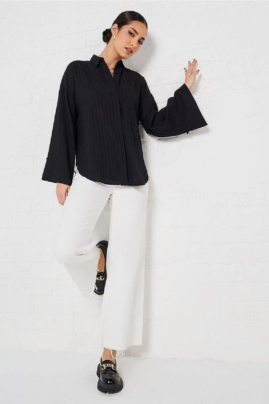 Women Flare Sleeves Crepe Oversized Longline Shirt