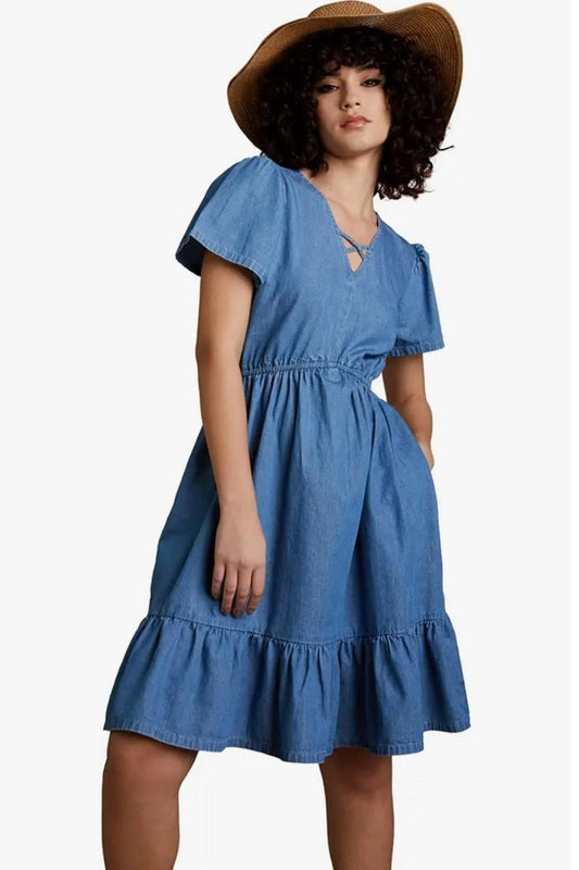 Women's Denim A-Line One Piece Knee-Length Tiered Dress